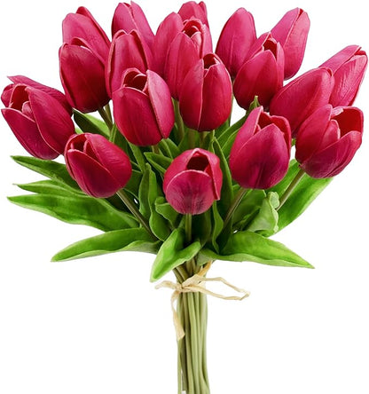Mandy's Artificial Tulips 20 Stems Hot Pink PU Faux Flowers for Thanksgiving and Christmas Decorations Wedding Home Decor 13.5 Inch