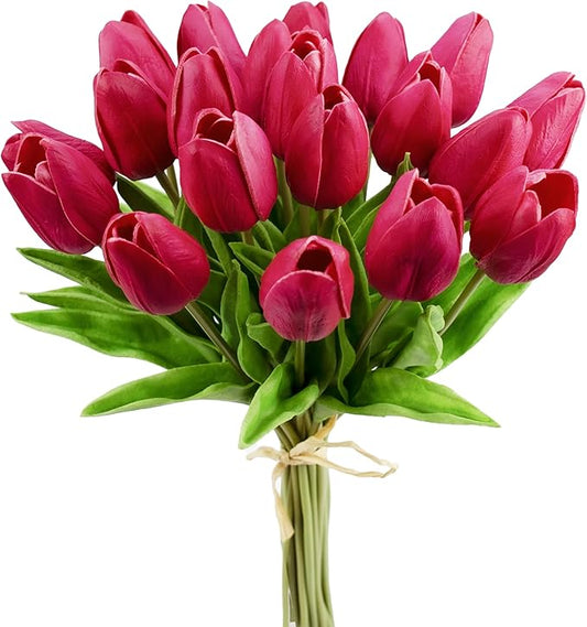 Mandy's Artificial Tulips 20 Stems Hot Pink PU Faux Flowers for Thanksgiving and Christmas Decorations Wedding Home Decor 13.5 Inch
