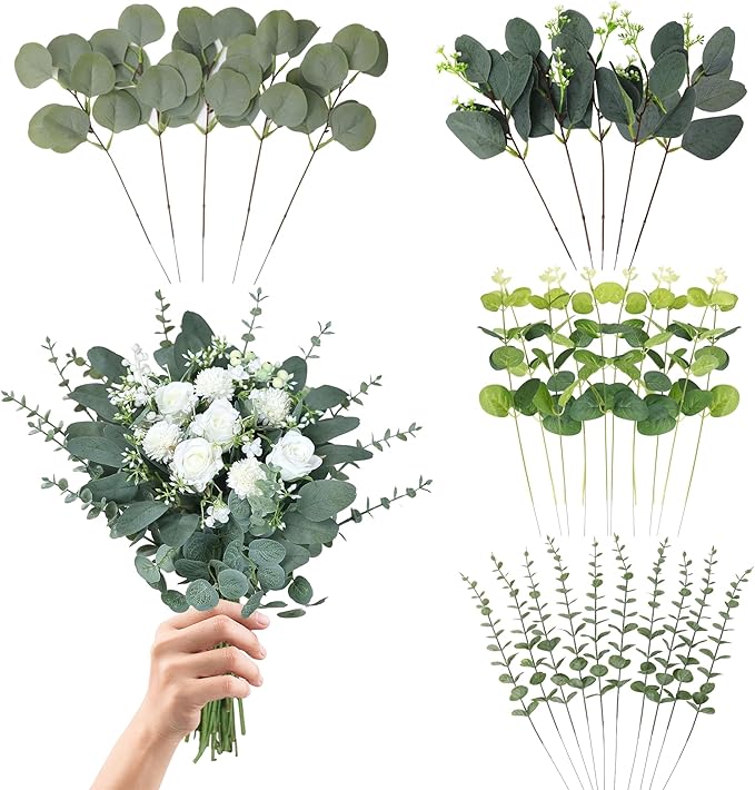 Eucalyptus Leaves Stems 30 PCS, 4 Kinds Mixed Artificial Greenery Stems for Wedding Decor Vase Floral Arrangement Centerpiece