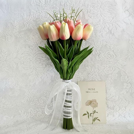 Artificial Floral Tulip Bouquet 20pcs Artificial Tulip Flowers,Bridesmaid Bouquet with Wedding Ceremony Festivals Anniversary Bridal Rehearsal Party Bar Table Decor(Light Pink and Pink)