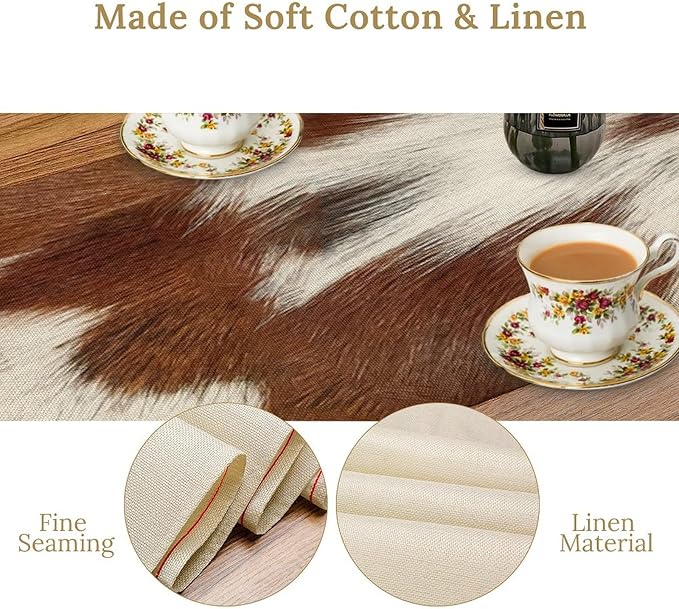 Cow Skin Print Table Runner, Rustic Country Farmhouse Animal Fur Skin Western Farm Dark Brown Cowhide Print Dinner Runner Table Decoration for Home Kitchen Dining 13x108in