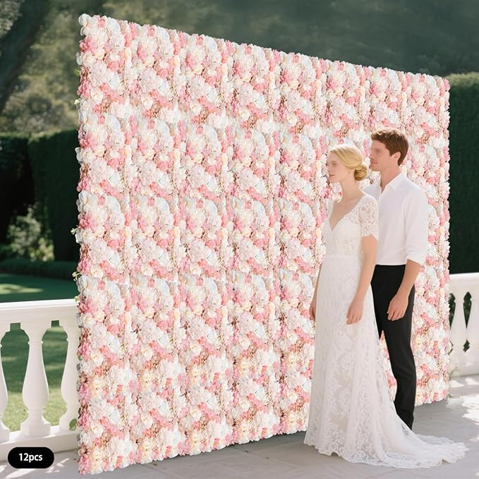 Flower Wall Backdrop Decor - 12 Pcs 24x16 Inch Pink Hydrangea Panels - 3D Silk Floral Wall Decor - Modular Wedding Backdrop for Party Baby Shower