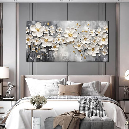 Large Pictures for Living Room - White Flower Canvas Wall Art for Bedroom - Modern Wall Decor for Office Women Size 29" x 59"