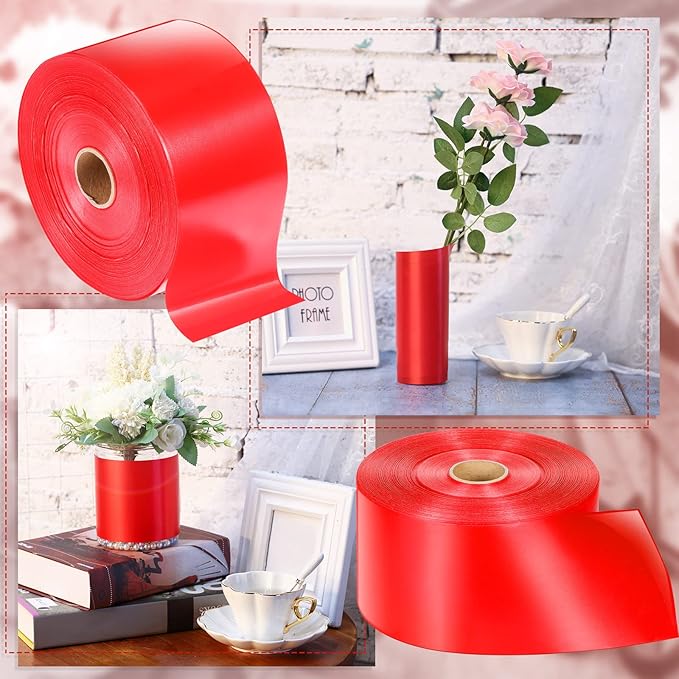Syhood Outdoor Leaf Ribbon Floral Satin Ribbon for Crafts Aspidistra Waterproof Holiday Outdoor Decoration(4 Inch X 216 Yards,Red)