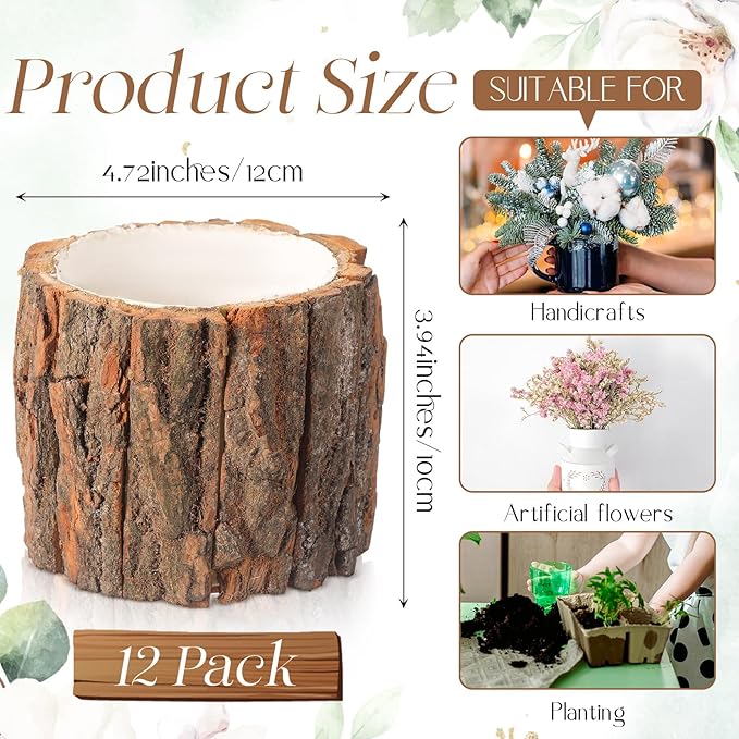 12 Pcs Wooden Vase for Centerpieces Christmas Table Decor Wooden Flower Vase Rustic Bark Stump Buckets Vintage Wood Planter Pots for Xmas Woodland Party Wedding Window Home Farmhouse (Large)