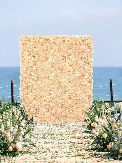 Artificial Rose Flower Wall Backdrop for Bridal Shower - 5ftx3.74ft Champagne Wedding Fake Floral Wall Background - Birthday Party Decorations