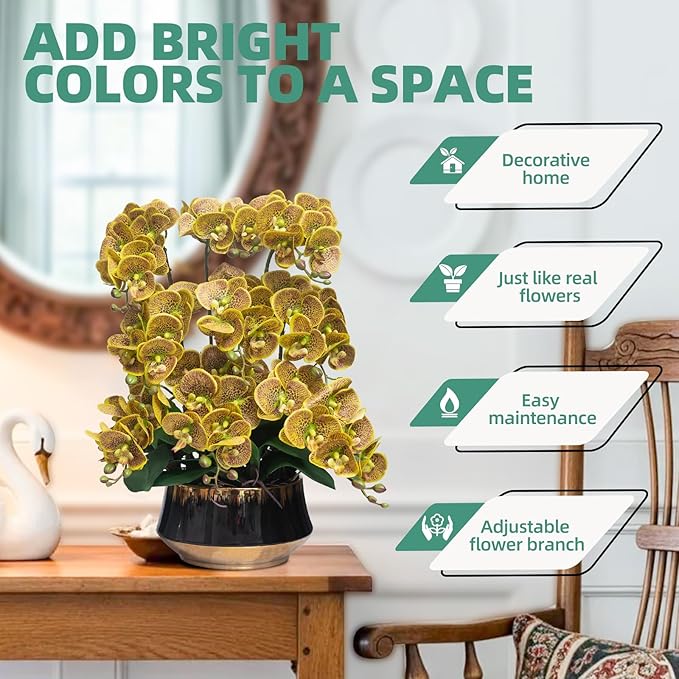 CXGS Orchids Artificial Flower Real Touch Faux Orchid in Large Ceramic Vase 23.6'' Realistic YellowSpots Fake Phalaenopsis Floral Arrangements Centerpiece Table Home Indoor Decor