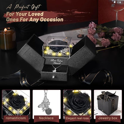 DRTINA Preserved Black Real Rose with I Love You Butterfly Necklace-Eternal Flowers Rose Birthday Gifts for Women Wife Mom Girlfriend Grandma on Mothers Day Valentines Anniversary Christmas Romantic