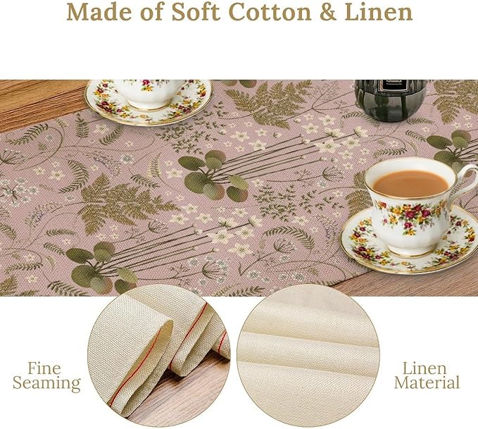 Spring Floral Table Runner, Rustic Retro Field Herbal Plant Purple Pink Wildflower Country Natural Floral Fern Print Table Cover for Indoor Outdoor Dinner Party Decor, 13x70inch