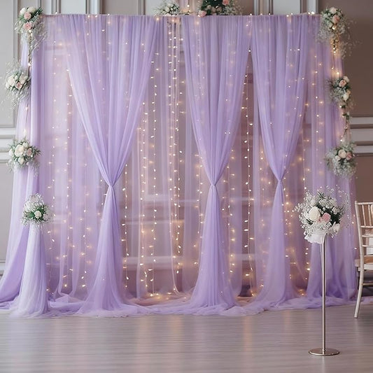 30×10ft Purple Tulle Backdrop Curtain with Lights String for Parties, Sheer Photo Backdrop Curtains for Wedding Party Photography Background