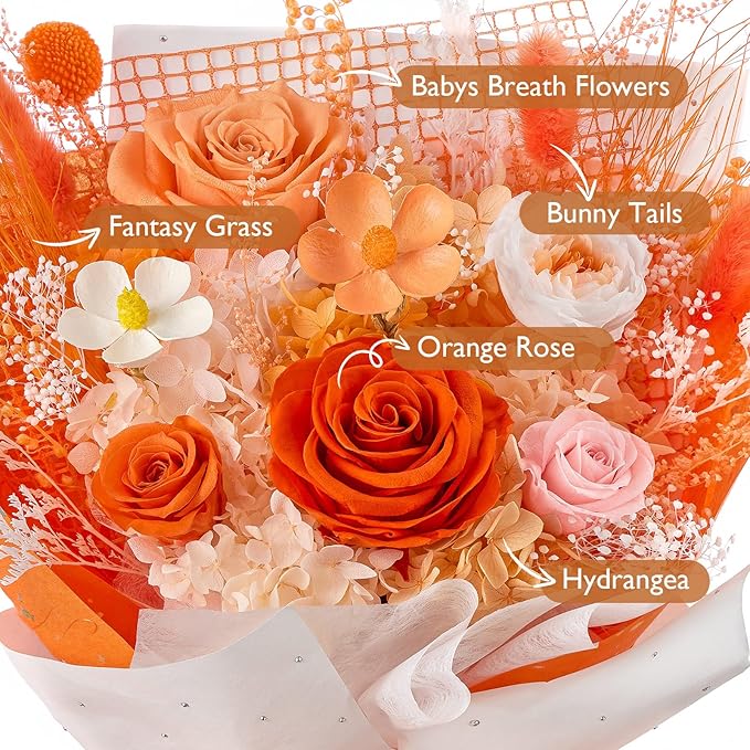 Eterfield Flowers for Delivery Prime, Forever Flowers Bouquet, Preserved Orange Roses Birthday Gifts for Her Women Wife Mom Grandma Graduation Valentine's Day Mother's Day