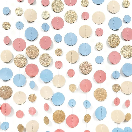 Champagne Gold Dusty Pink Blue Cream Beige Circle Dot Hanging Streamer Polka Dot Garland Banner for Baby Shower Birthday Wedding Bridal Shower Engagement Boho Gender Reveal Party Decorations Supplies