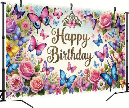 Happy Birthday Backdrop Butterfly Floral Banner Crown Decorations Photography Background for Women Girls Princess Supplies Cake Table Photo Shoot Props 71 x 43 Inch