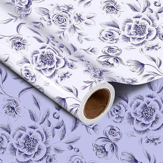WRAPAHOLIC 30 Inch Reversible Floral Wrapping Paper Roll - 30 Inch x 33 Feet - Purple Flower Wrapping Paper for Wedding, Bridal Shower, Mother's Day, Birthday, Baby Shower