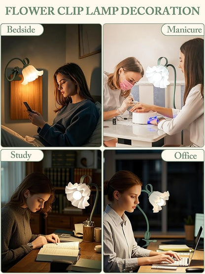 Flower Desk Lamp,LED Reading Light 360°Rotation Clip on Lamps,Vintage Flower Bedside Night Light,3 Colors Modes Book Lights Decor for Bedroom Bed Headboard Office Lighting Table Lamp Home Decoration