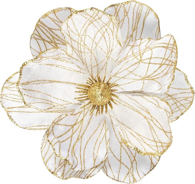 KI Store Christmas Poinsettia Artificial Velvet Magnolia Flower White and Gold Floral Picks Stems for Christmas Tree Decoration Pack of 6 for Xmas Tree Wedding Centerpiece