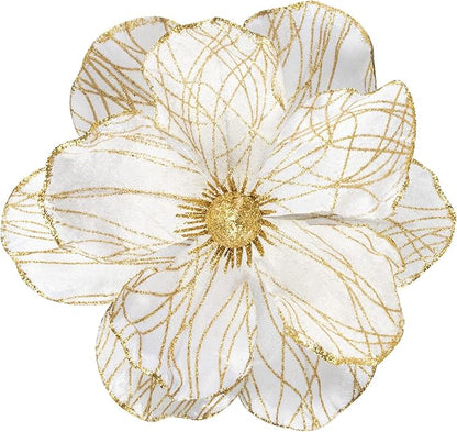 KI Store Christmas Poinsettia Artificial Velvet Magnolia Flower White and Gold Floral Picks Stems for Christmas Tree Decoration Pack of 6 for Xmas Tree Wedding Centerpiece
