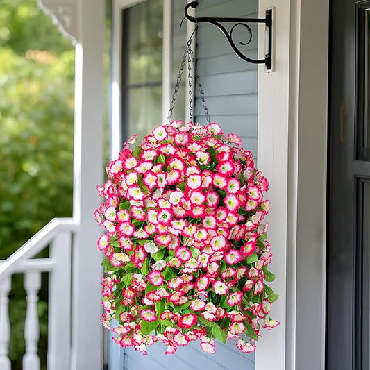 Artificial Faux Hanging Flowers Basket for Spring Summer Outdoor Porch Decor, Fake Silk Colorful Morning Glory Eucalyptus in Planter UV Resistant Look Real for Home Patio Balcony Yard(Pink)