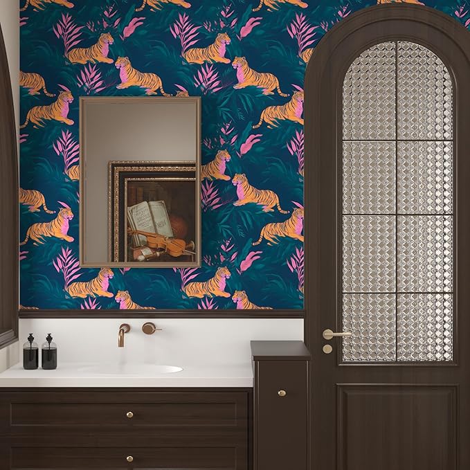 Vintage Wallpaper Peel and Stick Tropical Tiger Contact Ppaer Renter Friendly Wall Paper for Bedroom Bathroom Cabinet Self Adhesive Removable 17.5 x 393.5In