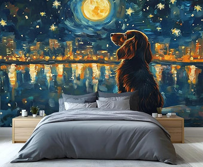 Dog and Moon Night Sky Wall Mural, Starry Night Cityscape 3D Wall Murals, Nighttime Dog Reflection Wallpaper Mural, for Living Room Bedroom Large Wallpaper Indoor Decor 98.4" W x68.9 H