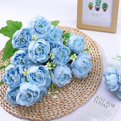 8 Pack Blue Peonies Artificial Flowers, Fake Silk Hydrangea Bouquet for Bridal Wedding Home Table Decor Reusable Dining Opening Ceremony Birthday Arrangement Faux Floral