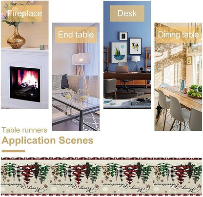 Christmas Tree Table Runner,Farmhouse Xmas Trees Buffalo Plaid Winter Snowflake Tablecloth Burlap for Hotel Indoors Outdoor Dining Room Kitchen Home Decor,W13X L70 in