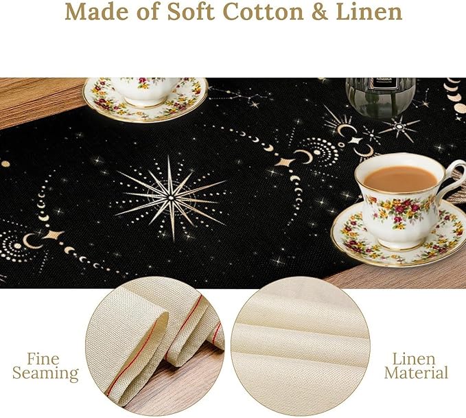 Gothic Moth Table Runner, Boho Gothic Sun Moon Phase Mystical Mushroom Floral Witchy Farmhouse Coffee Table Center Decor for Home Kitchen Dining Patio Holiday Party Table Decorations 13x108 inches