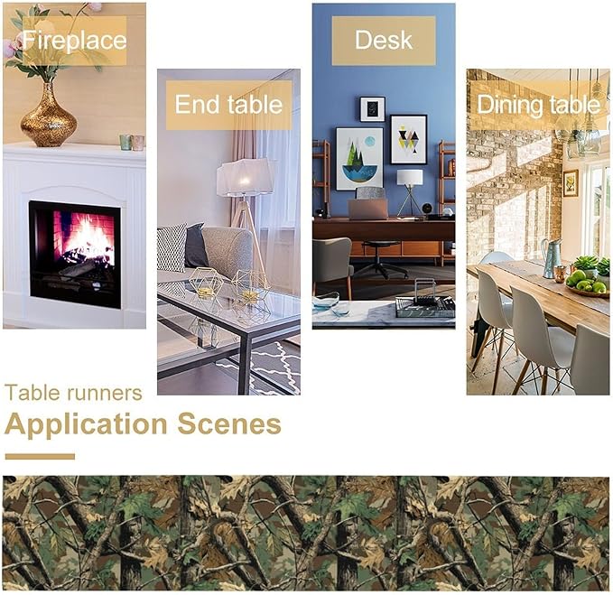 Forest Camouflage Table Runner, Camo Conifer Oak Branches Leaves Military Mossy Lodge Country Camp Cabin Theme Dinner Table Runner for Home Kitchen Dining Table Decoration 13"x60"