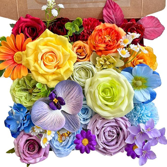 ASTRYAS Artificial Flowers Combo Box Set, Silk Fake Roses Faux Colorful Flowers for Fall Flowers DIY Floral Arrangements Wedding Bouquets Centerpieces Baby Shower Party Home Decorations(Rainbow Color)