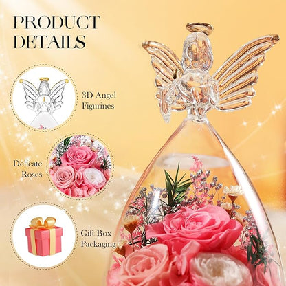 RoseValley Angel Roses Gifts for Mom,Preserved Real Flowers Roses in Glass Angel Figurines,Christmas Birthday Gifts for Grandma Women Mom Wife Mother in Law/Pink