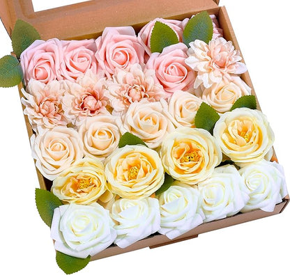 SITUMEIZI Roses Artificial Flowers Combo Champagne Flowers Silk Foam Flowers with Stems for DIY Bridal Wedding Bouquet Baby Shower Party Home Decor Floral Arrangements 24pcs