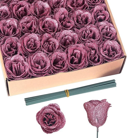 Glitter Roses Bouquet,30PCS Rose Gold Flowers Artificial Roses with Stems for Wedding Bouquet Party Christmas Home Decor(Rose Gold)