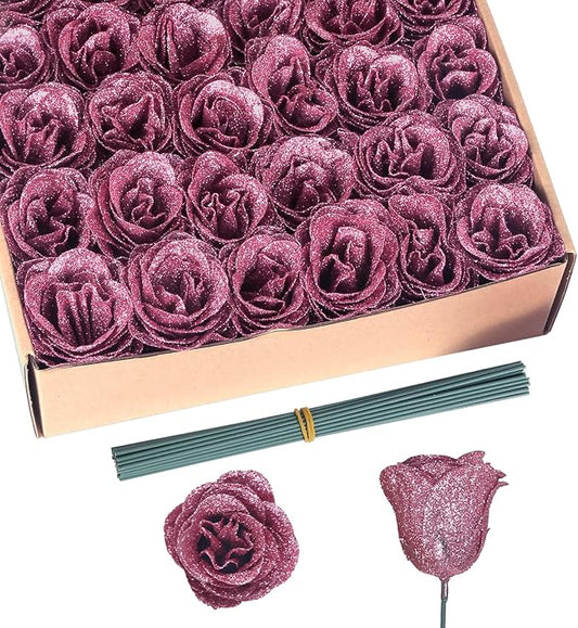 Glitter Roses Bouquet,30PCS Rose Gold Flowers Artificial Roses with Stems for Wedding Bouquet Party Christmas Home Decor(Rose Gold)