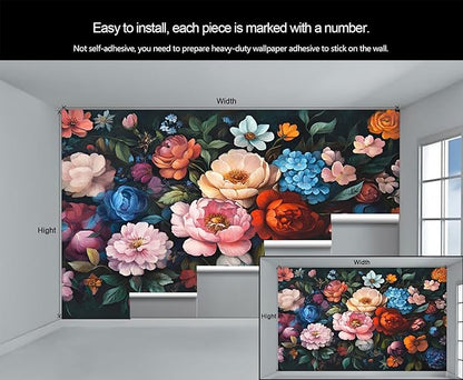 KIREUPA Vintage Peony Floral Wall Mural, Oil Painting Dutch Flower 3d Wall Murals, Romantic Dark Botanical Wallpaper Mural, for Living Room Bedroom Large Wallpaper Indoor Decor 78.7" W x55.1 H