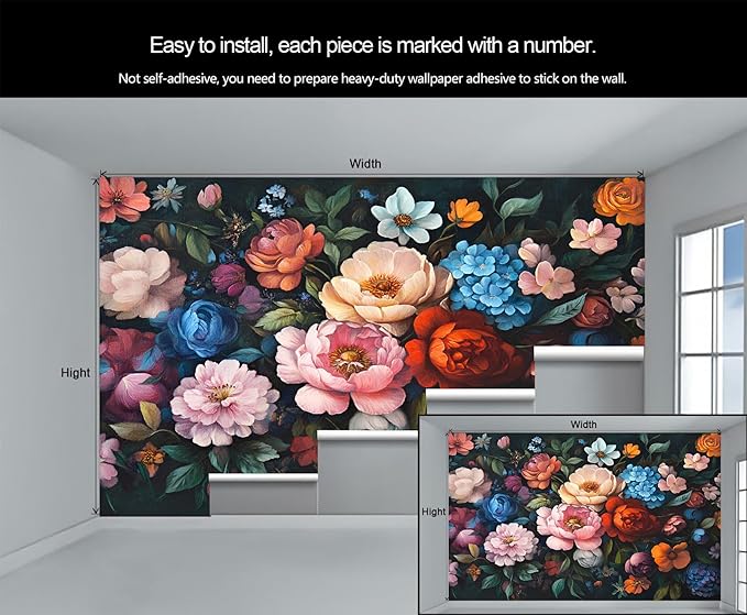 Vintage Peony Floral Wall Mural, Oil Painting Dutch Flower 3D Wall Murals, Romantic Dark Botanical Wallpaper Mural, for Living Room Bedroom Large Wallpaper Indoor Decor 98.4" W x68.9 H