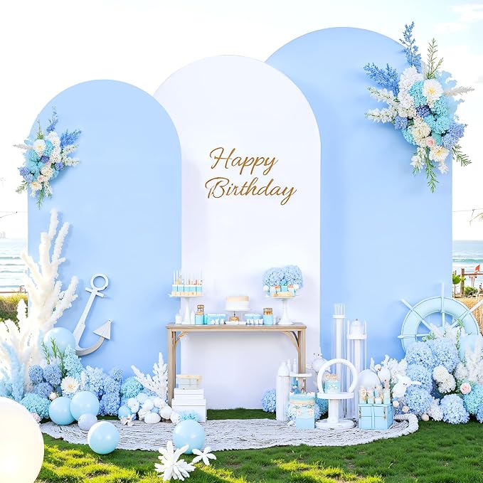 White and Blue Arch Backdrop Cover 7.2FT 6.6FT 6FT Arch Covers Stretchy Backdrop Set of 3, Wedding Arch Cover Spandex Fitted Double-Color Fabric Arch Covers for Party Baby Shower Birthday Decoration