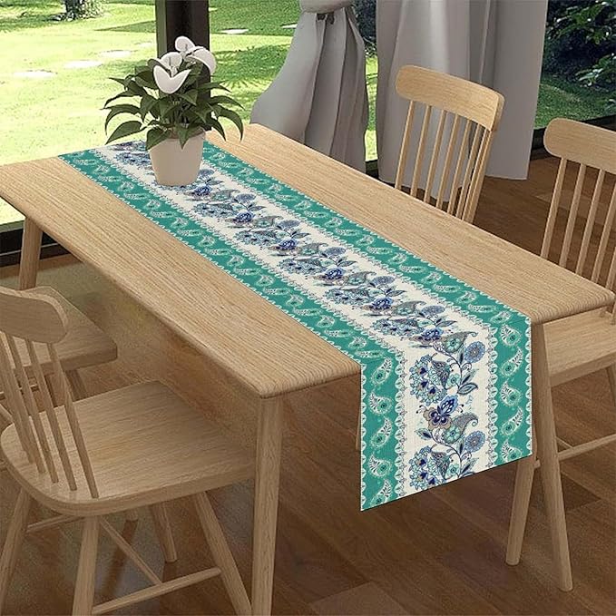 Paisley Table Runner, Rustic Blue Green Bohemian Damask Exotic Flower Cafe Table Center Decor for Home Kitchen Dining Patio Holiday Party Indoor Outdoor Table Decorations 13x36 inch