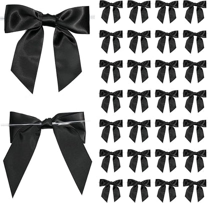 Black Satin Ribbon Twist Tie Bows 5 Inch Pre-Tied Black Gift Bows for Crafts, Treat Bags, Party Favors, Wedding, Baby Shower, Candy Apple, Christmas (36 Pack)