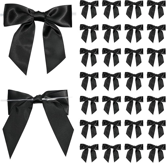 Black Satin Ribbon Twist Tie Bows 5 Inch Pre-Tied Black Gift Bows for Crafts, Treat Bags, Party Favors, Wedding, Baby Shower, Candy Apple, Christmas (36 Pack)
