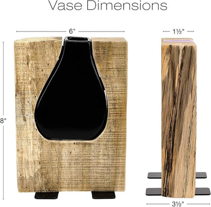 Excello Global Products Matte Black Glass and Wood Vase - Rustic Flower Vase Decorative Centerpieces for Dining Room Table Coffee Tables Vintage Farmhouse Decor (Short - 8" x 6")