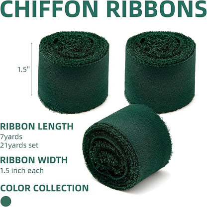3 Rolls Dark Green Handmade Chiffon Ribbon,1.5" x 21Yd Frayed Fringe Silk Ribbons (3 Rolls *7Yd) for Gifts Wrapping, Wedding Invitations, Bridal Bouquets, Decorations