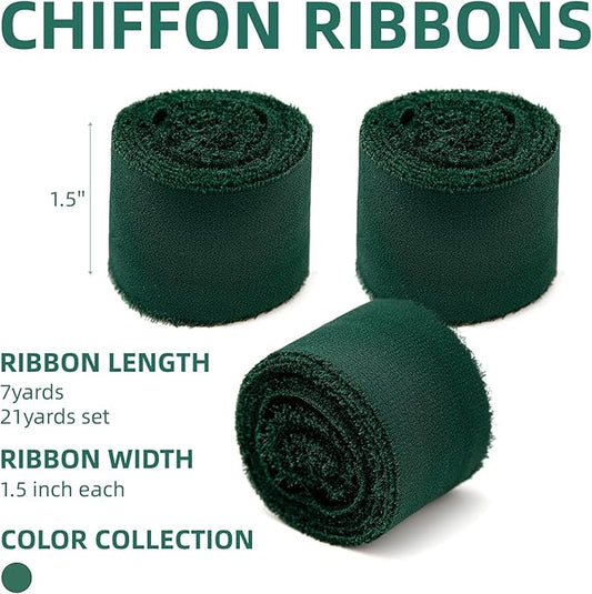 3 Rolls Dark Green Handmade Chiffon Ribbon,1.5" x 21Yd Frayed Fringe Silk Ribbons (3 Rolls *7Yd) for Gifts Wrapping, Wedding Invitations, Bridal Bouquets, Decorations
