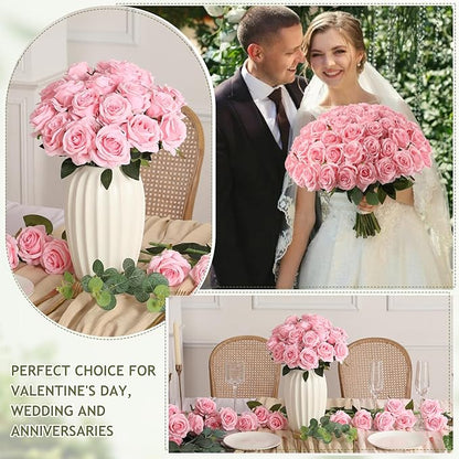 Kisflower 60 Pcs Pink Roses Artificial Flowers Bulk, Silk Roses with Stems Realistic Roses Artificial for Decoration DIY Wedding Bouquet Bridal Shower Party Home Table Centerpieces Decor (Pink)