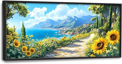 Coastal Sunflowers Large Wall Art Framed Wall Decor for Living Room Ocean Coast Pictures Oversized Canvas Print Painting Modern Extra Large Framed Artwork for Bedroom Office Home Decor 60"x30"
