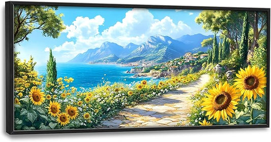Coastal Sunflowers Large Wall Art Framed Wall Decor for Living Room Ocean Coast Pictures Oversized Canvas Print Painting Modern Extra Large Framed Artwork for Bedroom Office Home Decor 60"x30"