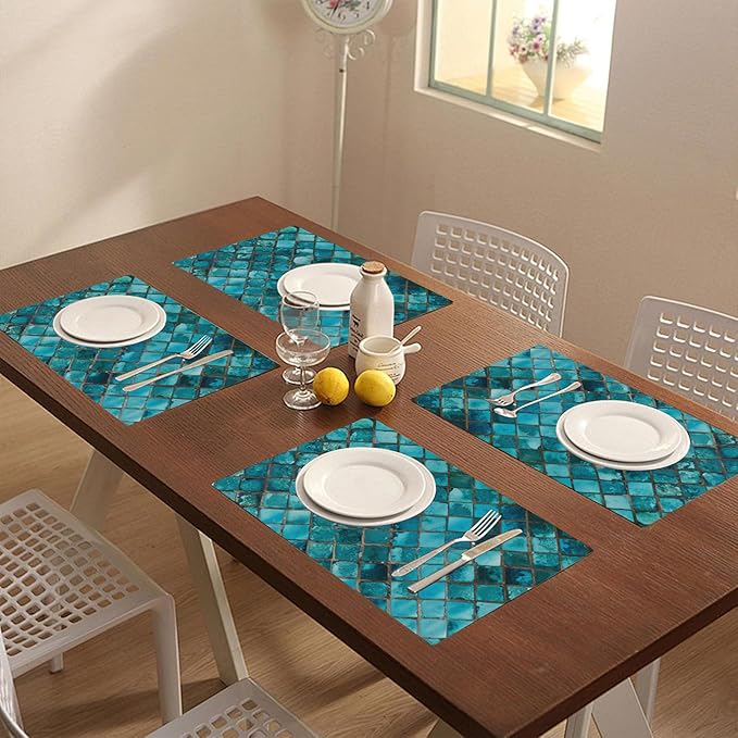 Placemats Set of 4 Square Glass Mosaic Place Mats Washable Table Dinner Mats Linen Table Mats for Kitchen Dining Party Home Kitchen Decor 12x18 Inch