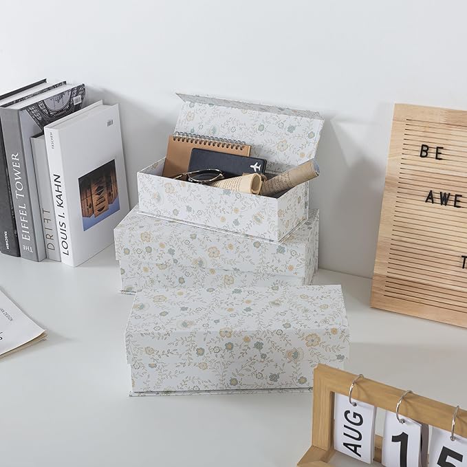 Soul & Lane Decorative Storage Boxes with Lids, Set of 3 Memory Keepsake Boxes with Magnetic Closure, Cardboard Storage for Photos, Documents, Gifts, Home Decor, Ivory Lace