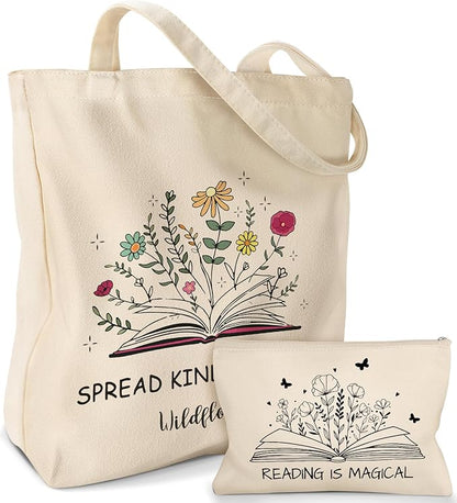 2 Pack Canvas Tote Bag - with Makeup Pouch Aesthetic Cute Women Reusable Canvas Bag for Shopping, Work, Travel
