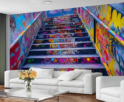 Graffiti Staircase Wall Mural, Urban Street Art 3D Wall Murals, Modern Hip-Hop Colorful Graffiti Steps Wallpaper Mural, for Living Room Bedroom Large Wallpaper Indoor Decor 78.7" W x55.1 H