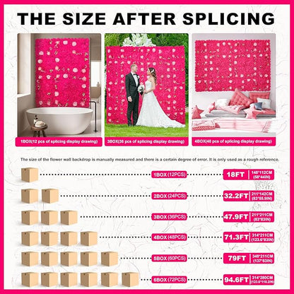 Flower Wall Backdrop 12 pcs 16.5x16.5 Inch Floral Wall Panel Artificial 3D Silk Rose Wall Decor Ideal for Wedding Celebrations, Festive Party Backdrops, and Home Decor-Rose Red